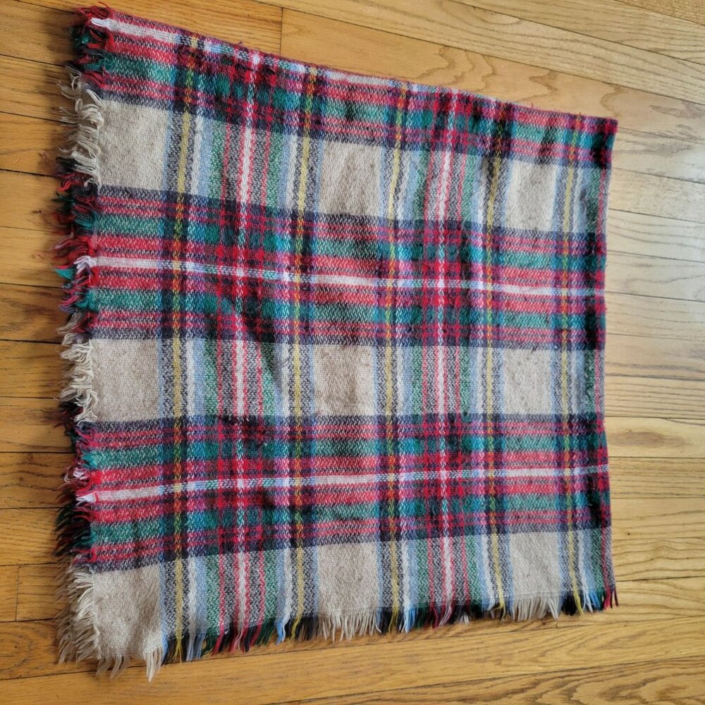 Vintage Multicolor Plaid Wool Blanket Throw With Fringe Edges Cabin Rustic